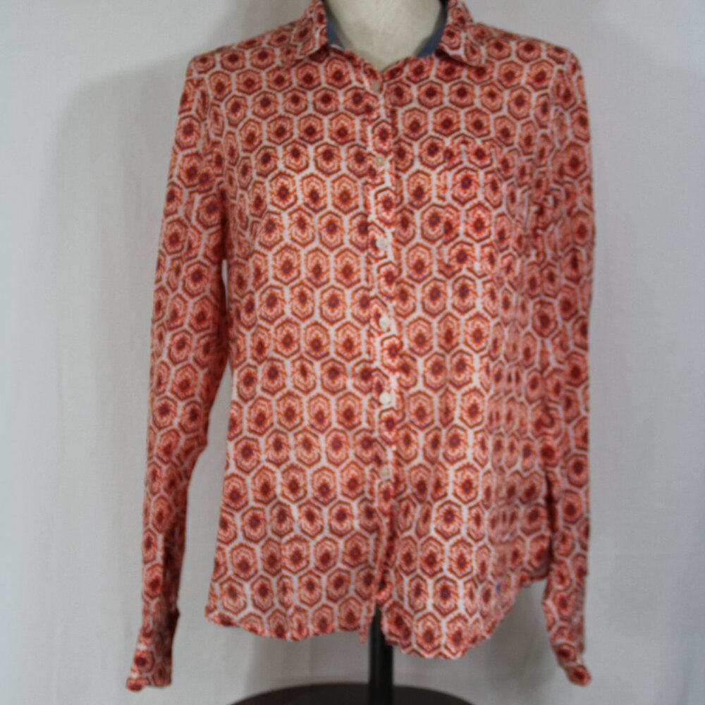 Talbots Cotton Orange Print Button Down Lightweight Shirt Size 12 Roll Tab